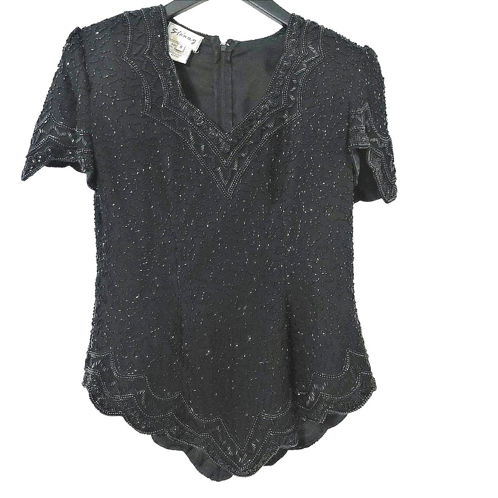 Stenay Vintage Black Silk Beaded Evening Top V-Neck Scalloped Hem‎ Size S